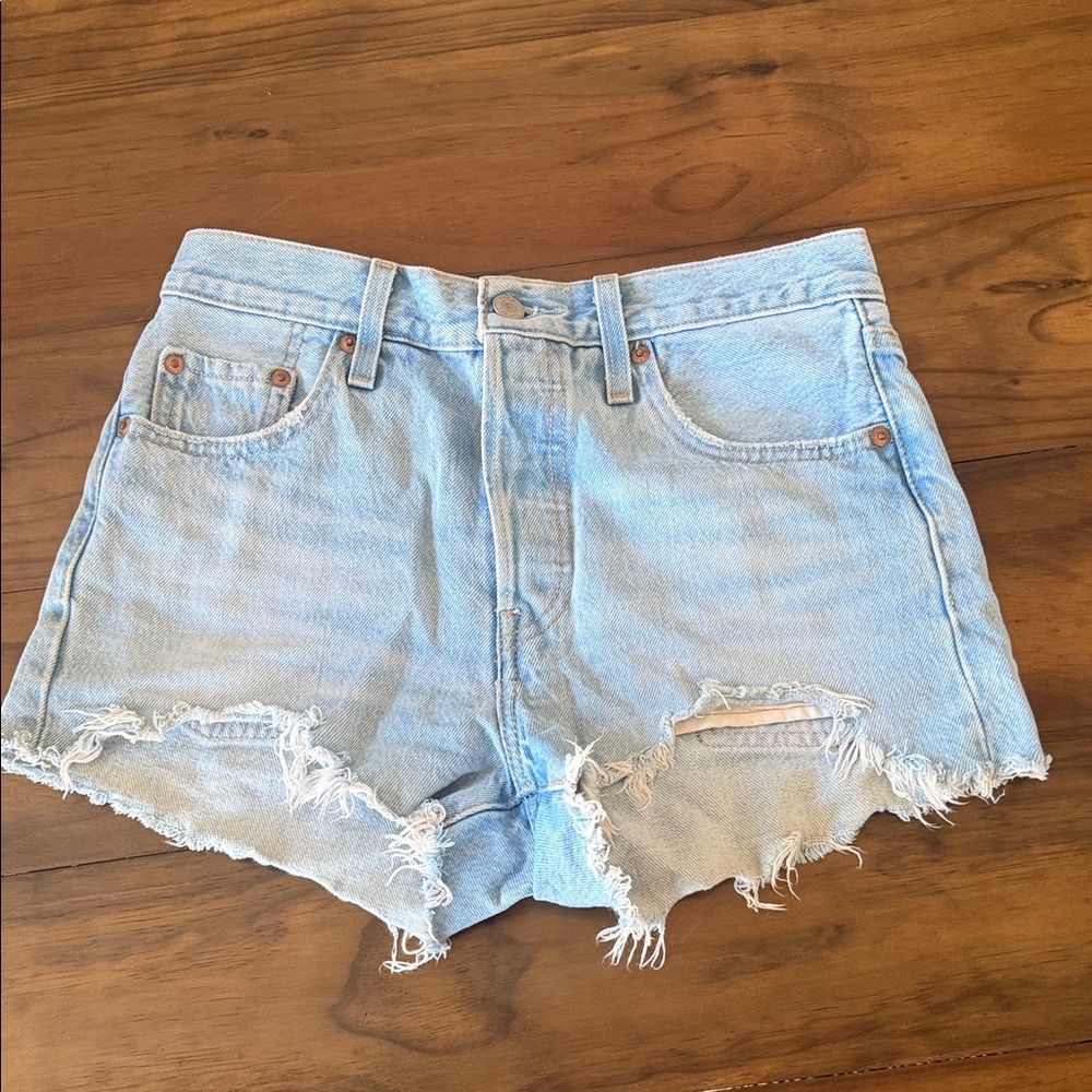 Levi's Light Wash Frayed Hem Denim Shorts